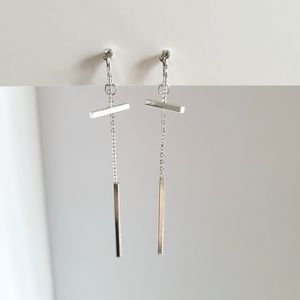 Dainty Bar Chain Clip On Earrings Silver Minimalist Rhinestone Abstract Dangle